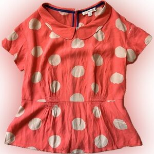 Boden retro peach polka dot Peter Pan collar blouse Adorable! Viscose US 4 UK 8